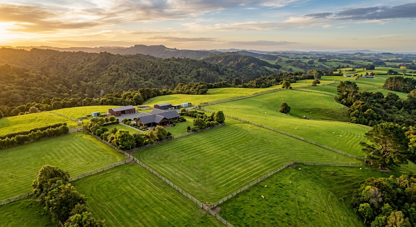 Aerial view of a large Northland lifestyle block with freshly mowed paddocks and native bush