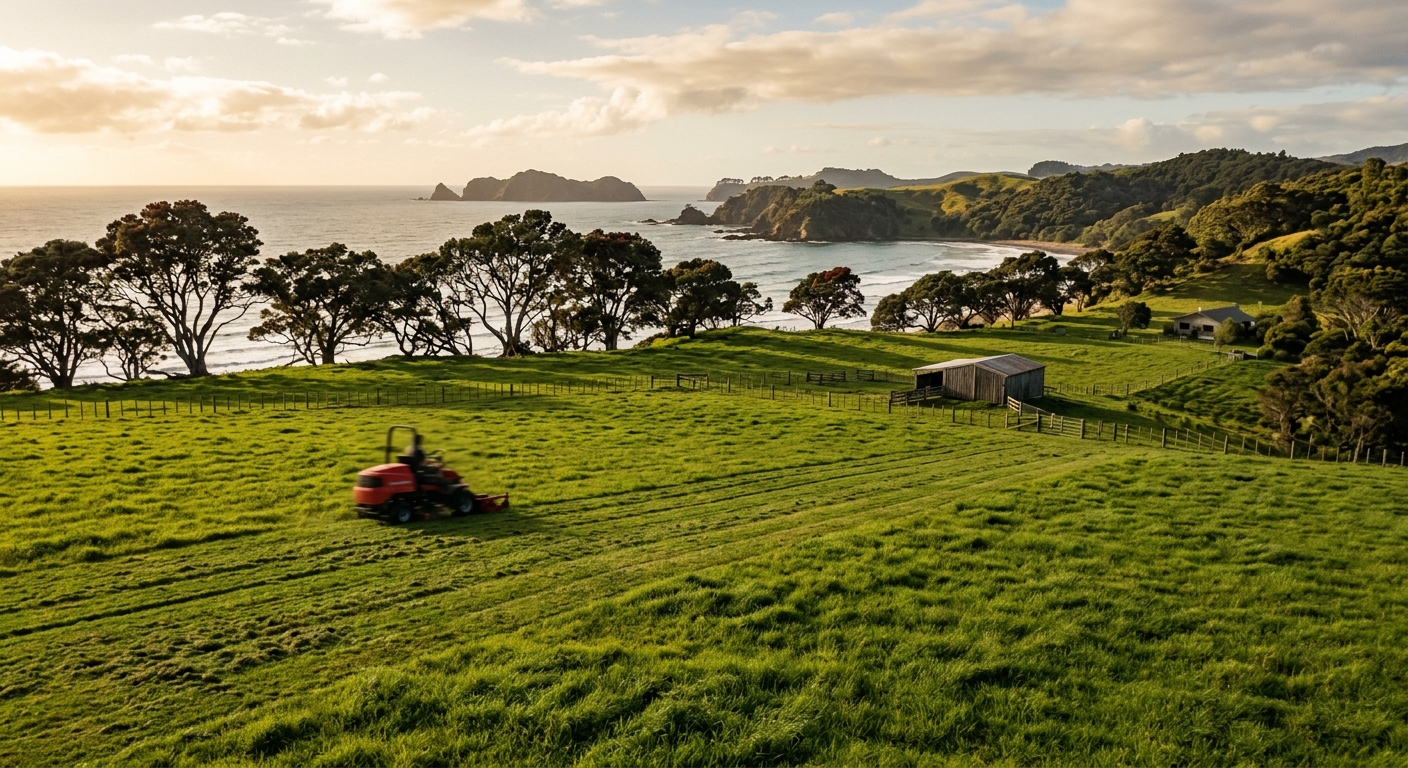 Ride-on mower on a large green paddock