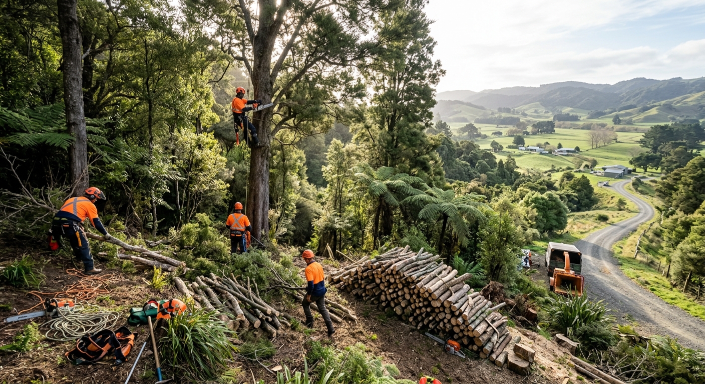 Tree pruning work on a rural New Zealand property